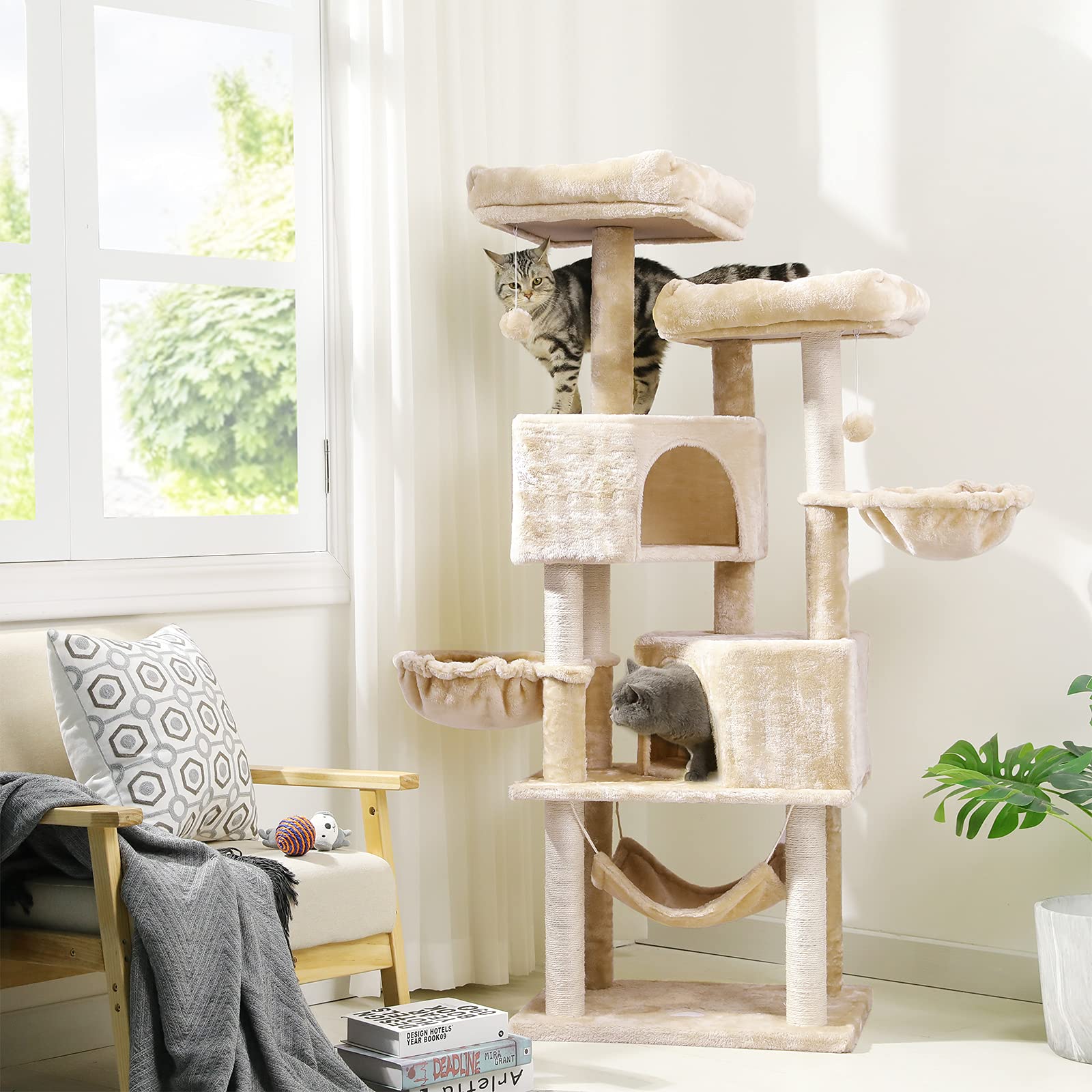 MSmask Rascador grande de 153 cm de alto, para gatos grandes con 2 grandes plataformas, cuevas grandes, troncos de sisal, árbol rascador para gatos de sisal natural, rascador estable, beige