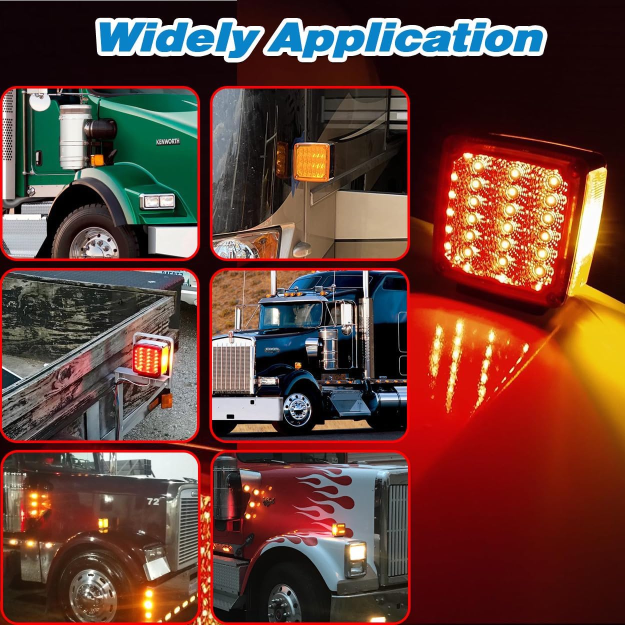 LED Pedestal Lights Amber/Red Double Face 39 LED Turn Signal Light stud mount fender lights for Heavy Truck Trailer Freightline Peterbilt Kenworth Mack Western Star (Driver/Passenger Sides, pack of 2)