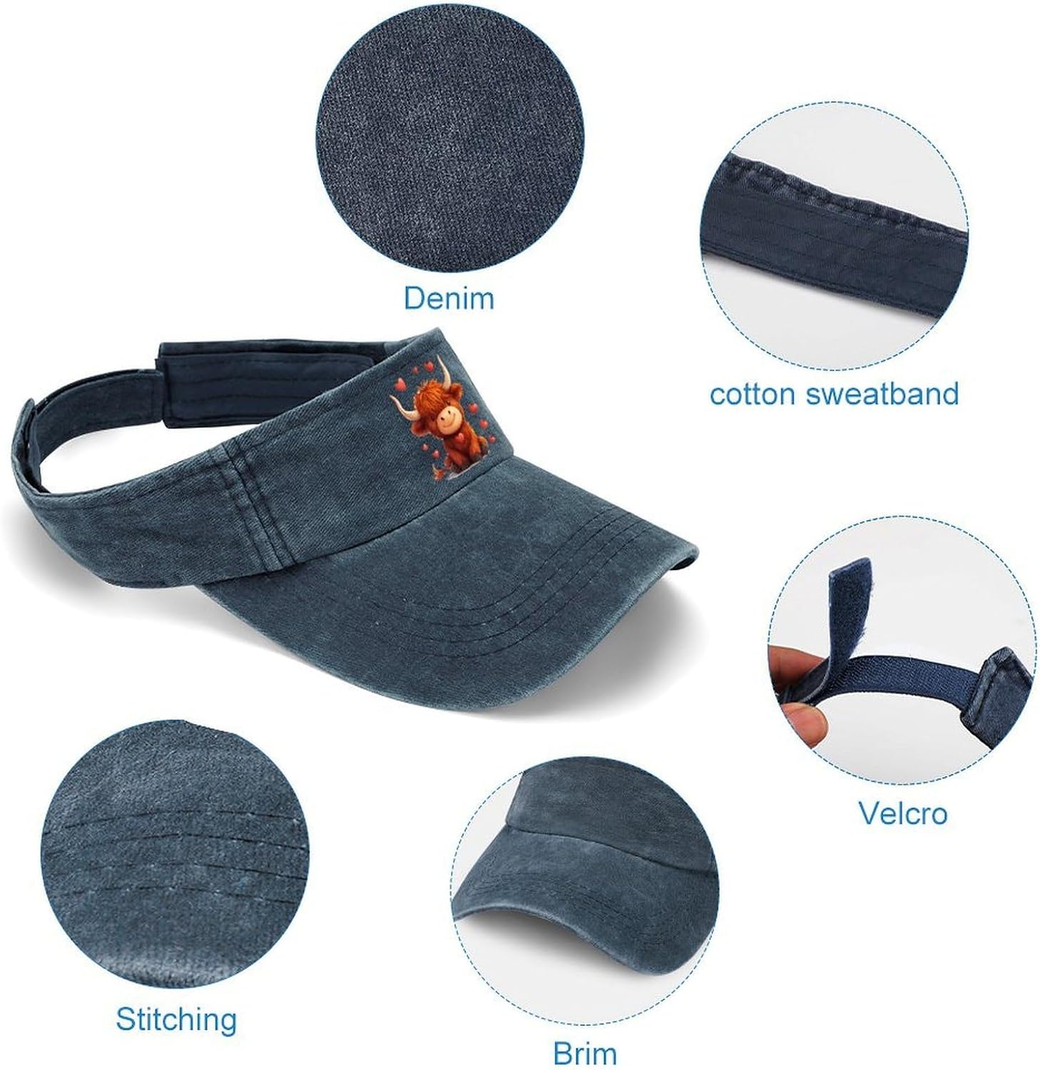 Highland Cow Sport Sun Visor Hats for Women Men Empty Top Baseball Cap Adjustable Denim Hat