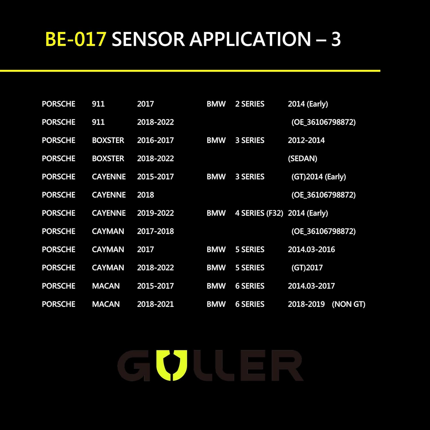 GULLER TPMS 433MHz Tire Pressure Sensor 4-Pack | Preprogrammed for Certain Porsche Audi BMW Mini Models | Replacement for Part# 5Q0907275 36106798872 36106890964 | Snap-in | BE-017-4