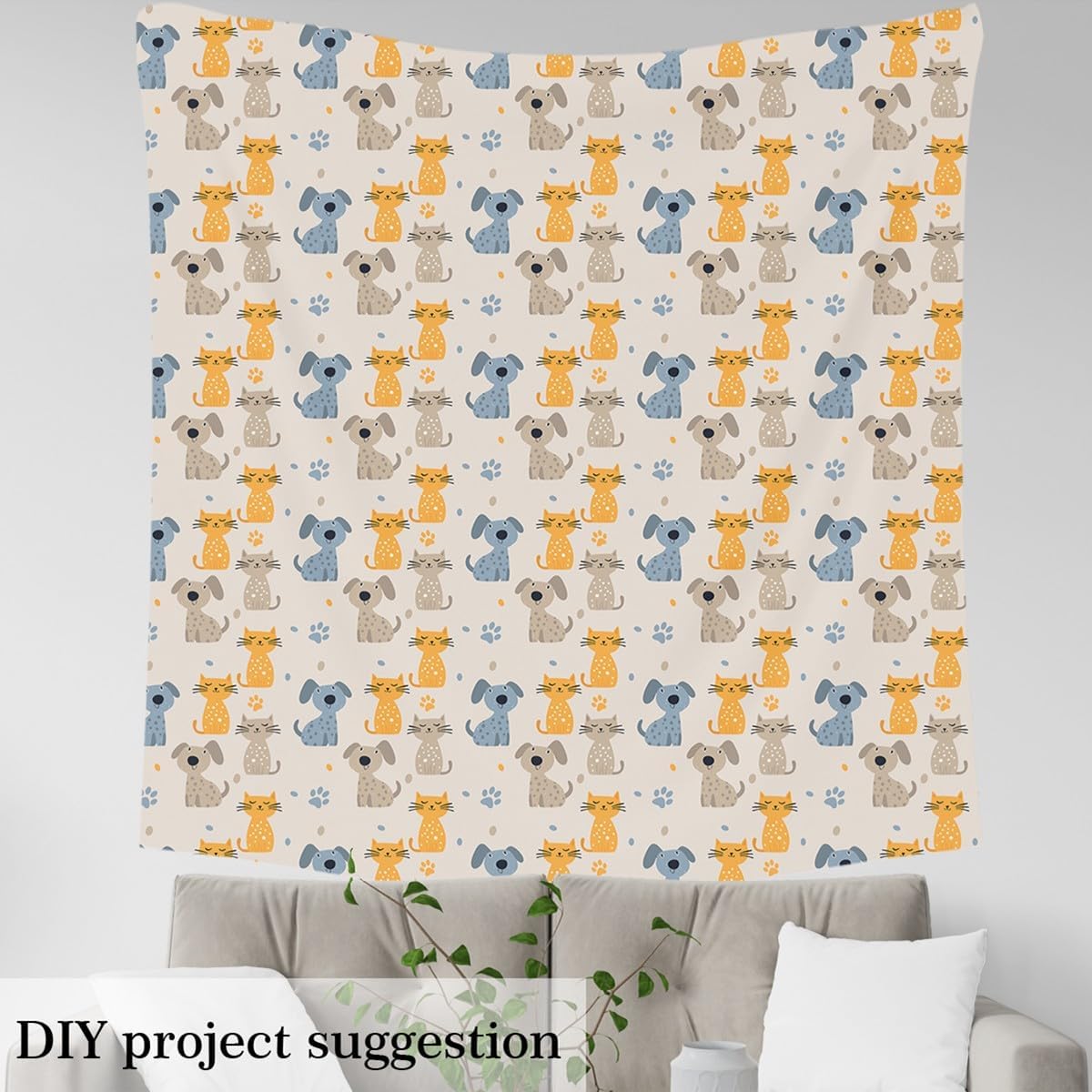 Erosebridal Cute Puppy Cat Fabric By The Yard, Cartoon Pet Dog Cat Upholstery Fabric, Kawaii Animal Decorative Fabric, Dog Paw Print Cat Paw Print Upholstery and Home Accents, Yellow Blue, 5 Yards