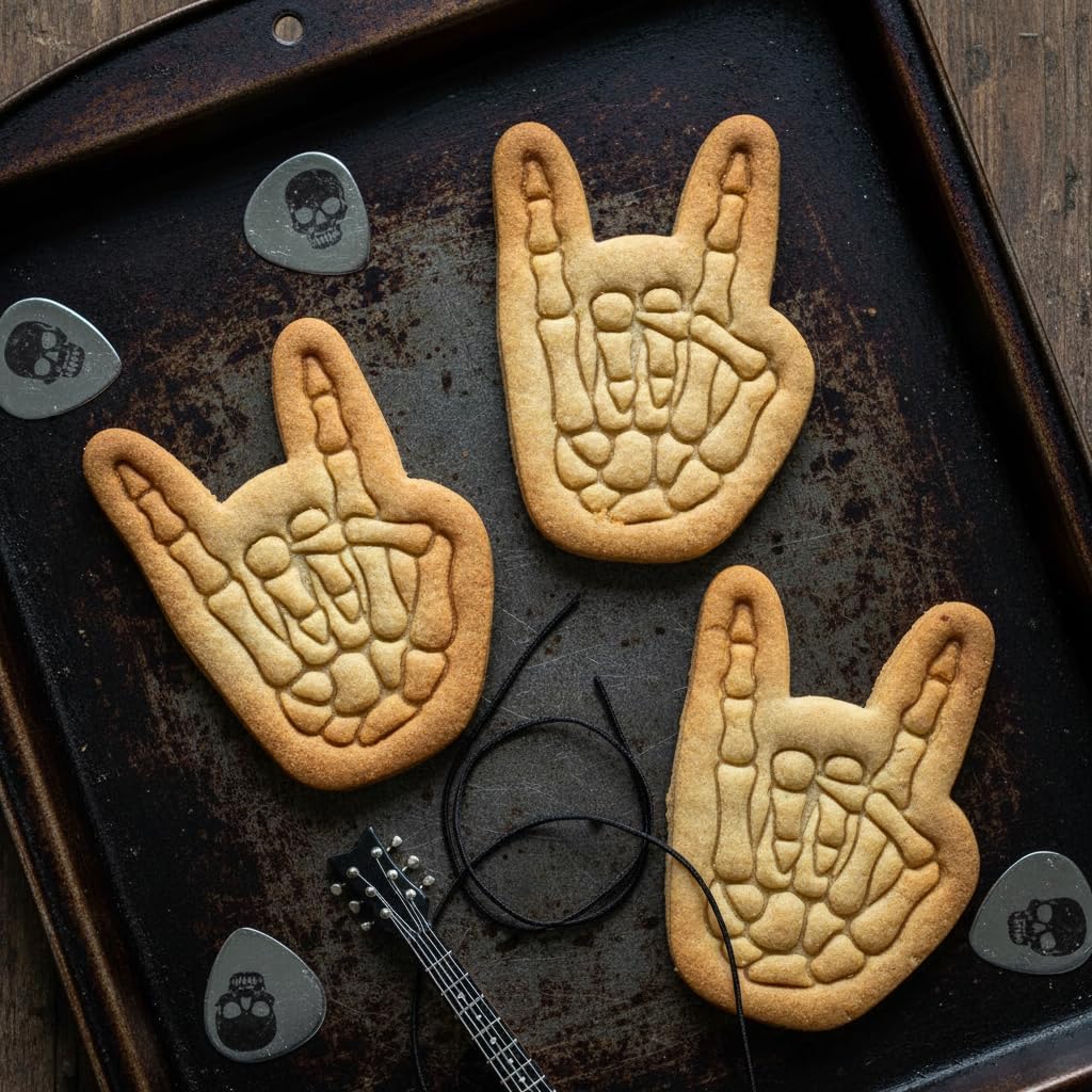 BAKERLOGY Rock and Roll Skeleton Hand Cookie Cutter – Gothic Bone Biscuit Cutter for Halloween Baking, Metal Music Party Cookies, Spooky Cake Decoration Tool