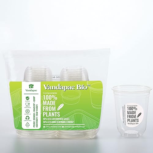 VANDAPAC Vasos compostables Vasos de plástico de 18 oz (20 tazas). Copas biodegradables que son tazas frías ecológicas. Vasos de plástico