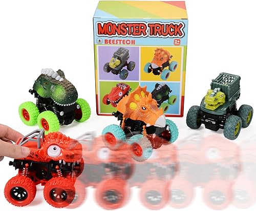 Miniatura 4 de Beestech Juguetes de dinosaurio para niños de 2, 3, 4, 5 años, empujan y tiran, impulsados por fricción de dinosaurio, camiones monstruos, vehículos