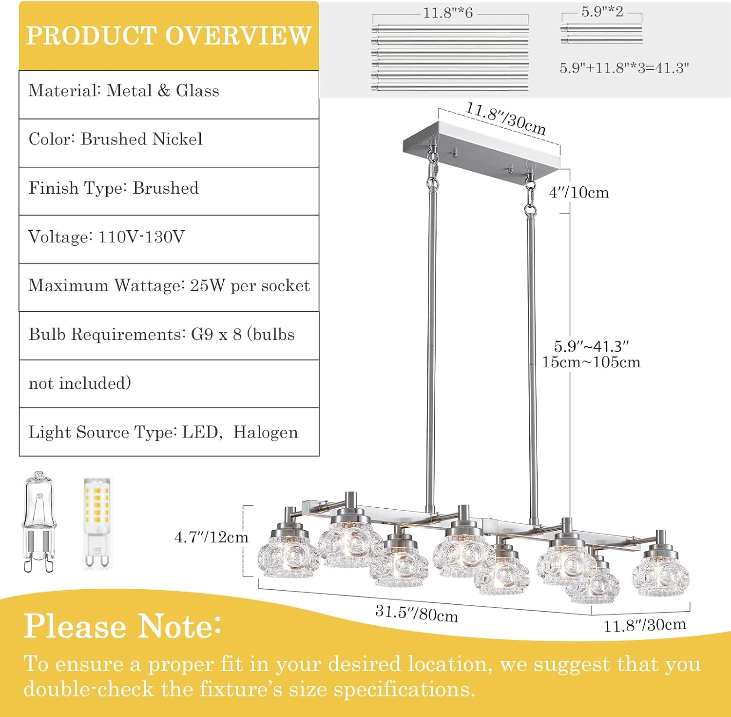 Brushed Nickel Dining Room Chandelier Over Table Modern Sputnik Rectangular Kitchen Island Light Fixture 31.5" Glass Linear 8-Light