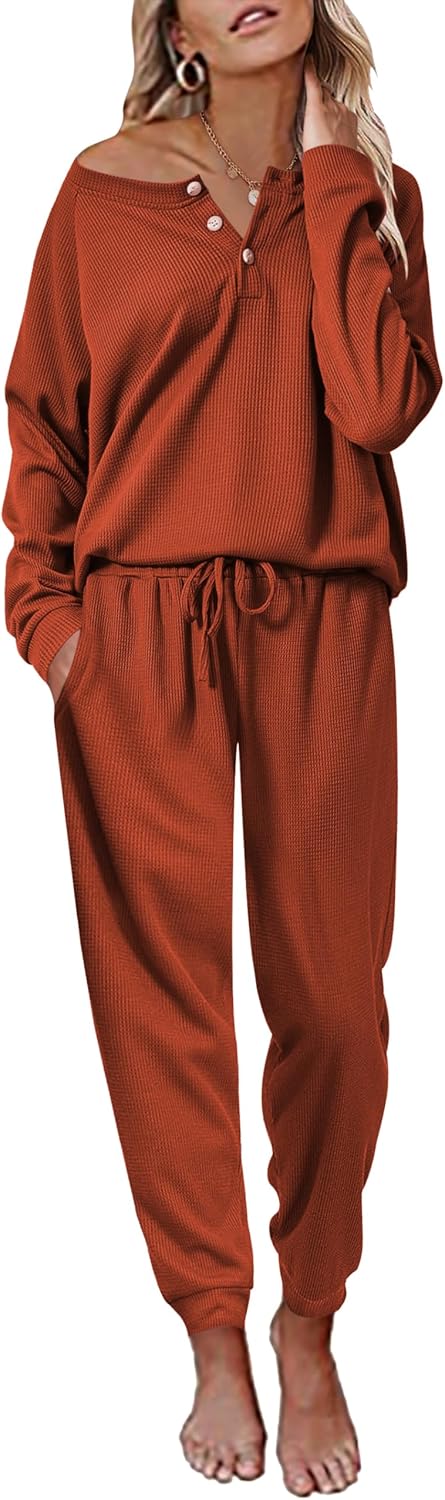 Ekouaer Pajamas Women's Waffle Knit Sleepwear Long Sleeve Top with Pants Casual Pjs Loungewear Set S-XXL