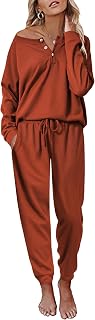 Ekouaer Pajamas Women's Waffle Knit Sleepwear Long Sleeve Top with Pants Casual Pjs Loungewear Set S-XXL