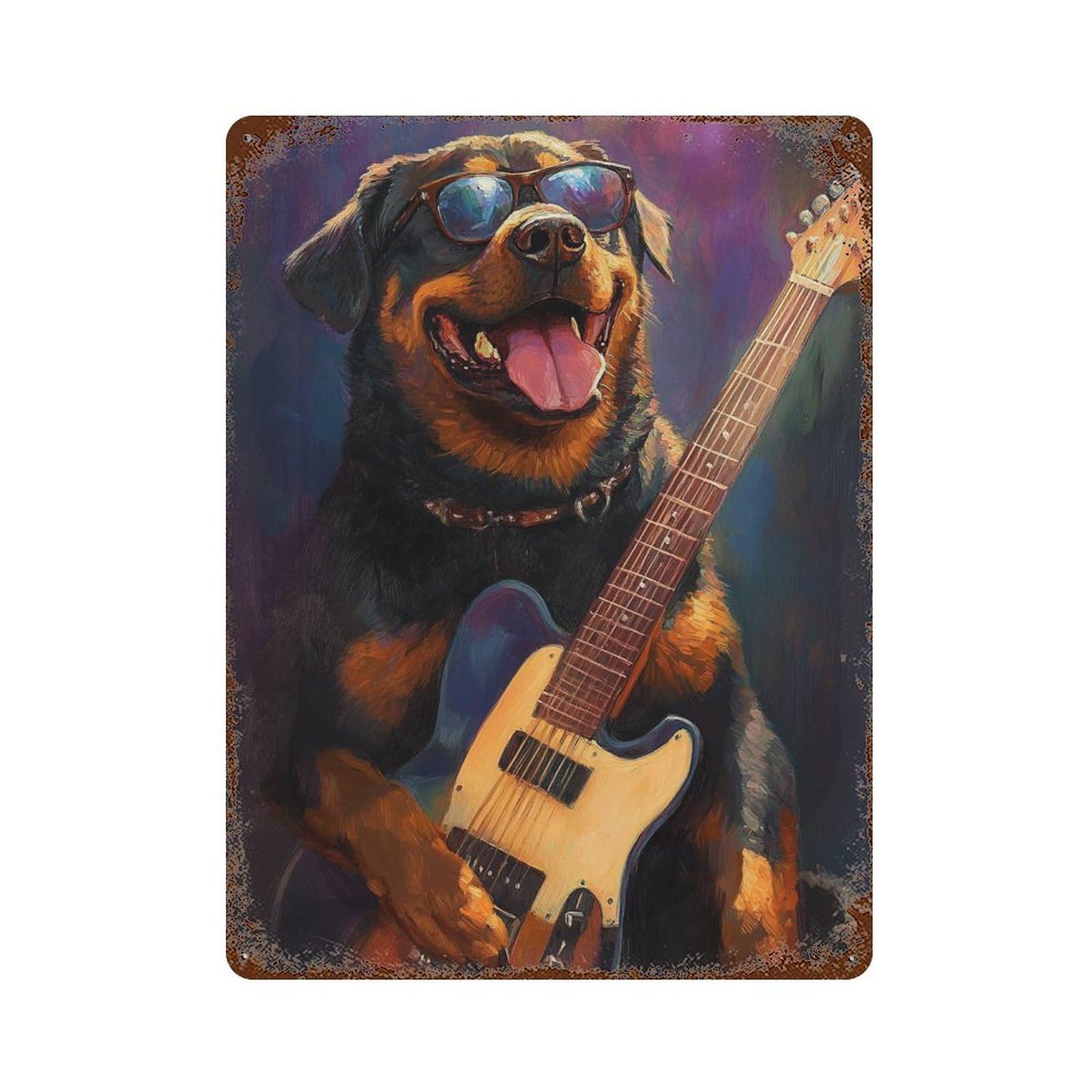 Vintage Rust Metal Sign with Rock Star Rottweiler Guitar Hero Design 15.7"x11.8", for Shed, Workshop And Garage Wall Decor, Retro Wall Decor