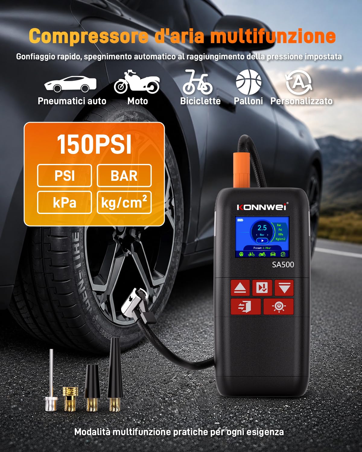 KONNWEI 4 IN 1 Booster Avviamento Auto con Compressore Aria Portatile 150PSI, Avviatore Batteria Auto, Jump Starter Auto con Power Bank 10000mAh, Ricarica USB-C, Kit Gonfiaggio Pneumatici e Luce LED