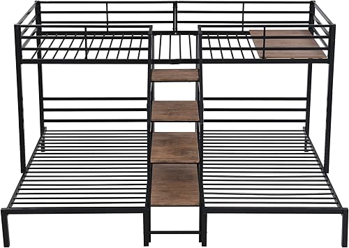 Miniatura 176 de Litera en forma de L individual sobre cama matrimonial adjunta, litera triple de metal con escritorio y tobogán integrados, marco de literas de