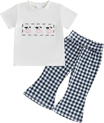 Toddler Baby Girl Western Outfits Embroidery Cow Short Sleeve Shirts and Gingham Pants Set 2Pcs Summer Fall Clothes