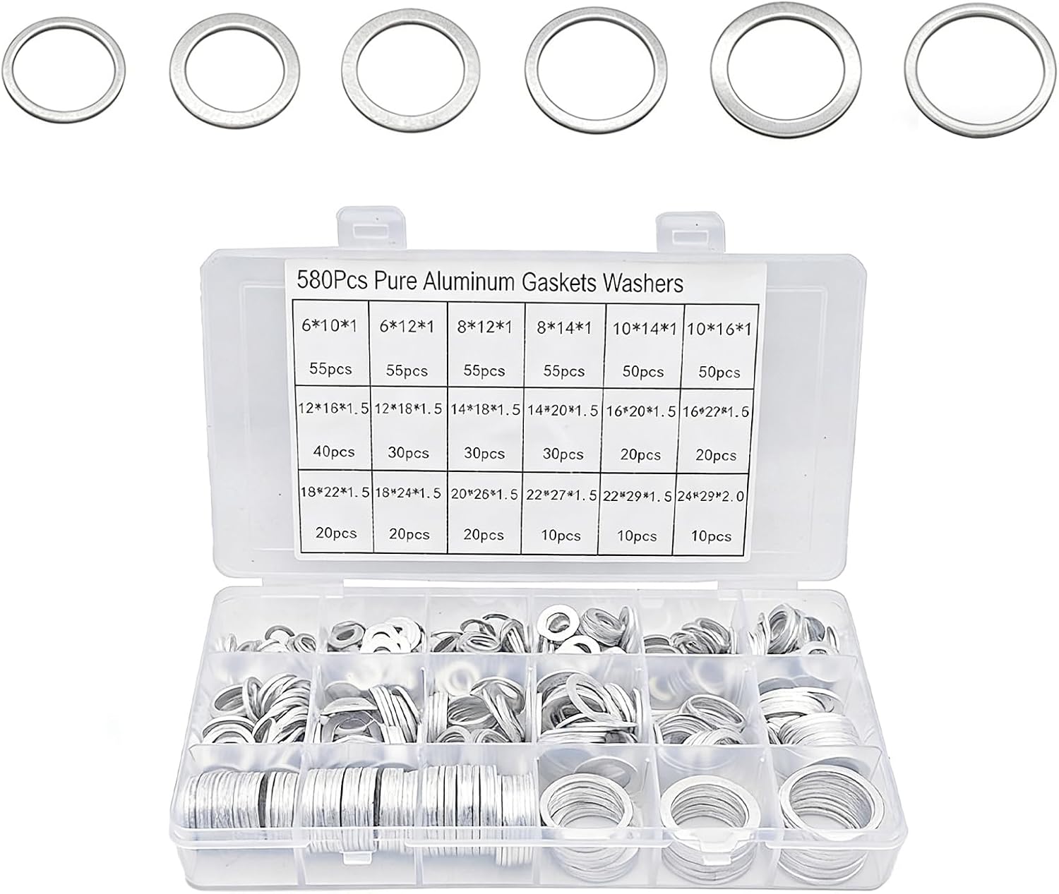 580PCS Crush Washer Oil Drain Plug, 18 Size Oil Drain Plug Gasket Assortment, Aluminum Flat Crush Washer Seal Kit, Car Engine Crush Washer, M6 M8 M10 M12 M14 M16 M18 M20 M22 M24
