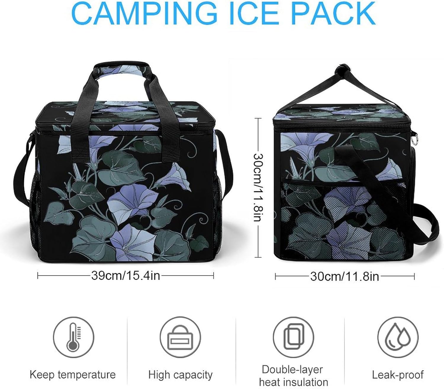 Portable Camping Cooler Pack,Green Gray Flower Print Reusable Lunch Pack,Outdoor Large Capacity Picnic Pack