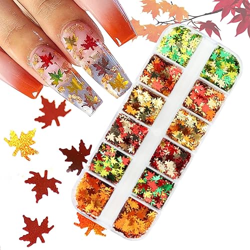 Miniatura 4 de 12 Colors Fall Nail Art Stickers Maple Leaf Nail Glitter Sequins 3D Nail Art Accessories Autumn Leaf Shape Flakes Holographic Gold Red Yelloween