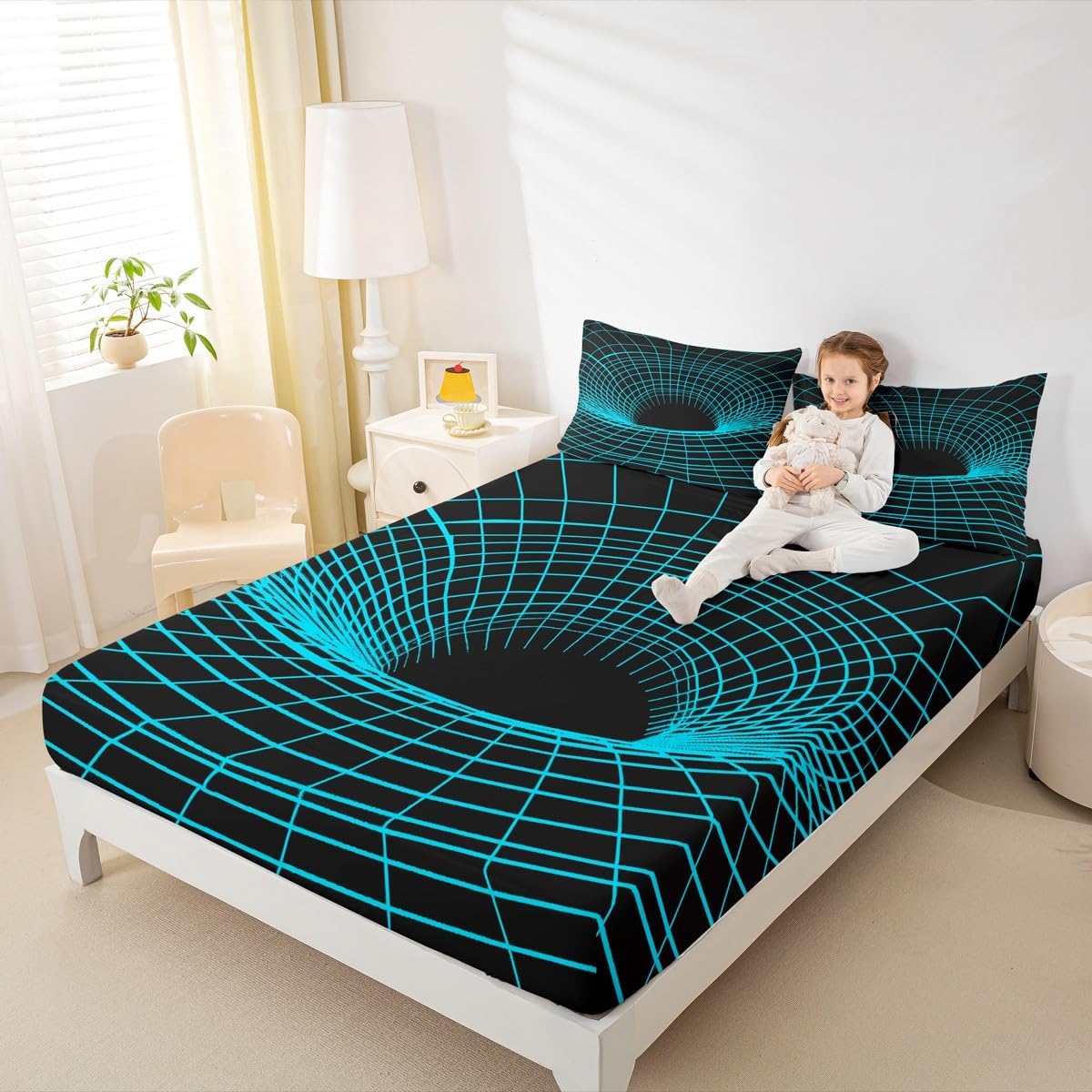 Geometric Art Bedding Set Twin Size Blue Neon Bed Set for Girls Teens Bedroom Decor Kids Stripe Grid Fitted Sheet Soft Microfiber Modern Geometric Bed Cover(1 Fitted Sheet+1 Pillow Case)