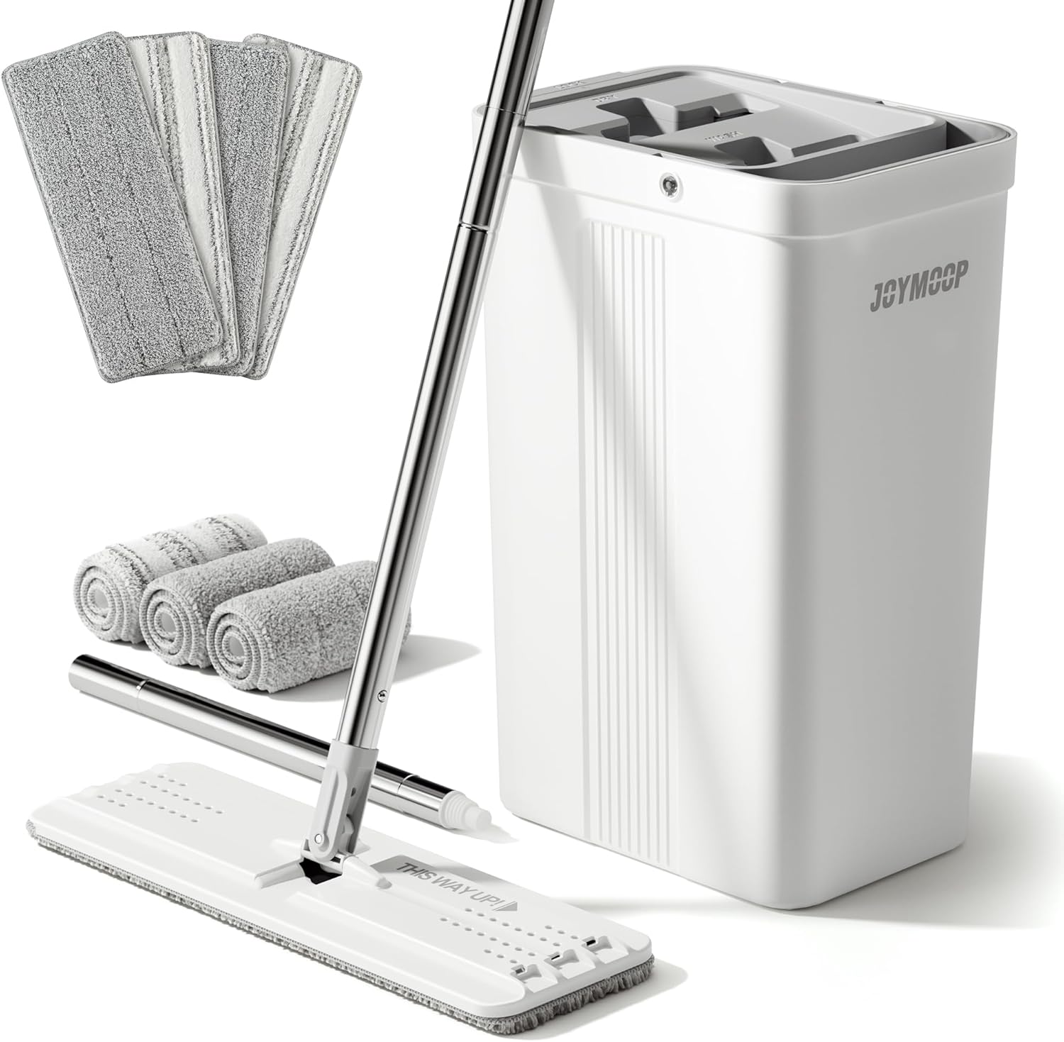 JOYMOOP Mop and Bucket with Wringer Set with 61" Mop Handle with Flexible 13" Flat Head with 7pcs Microfiber Mop Pads - White