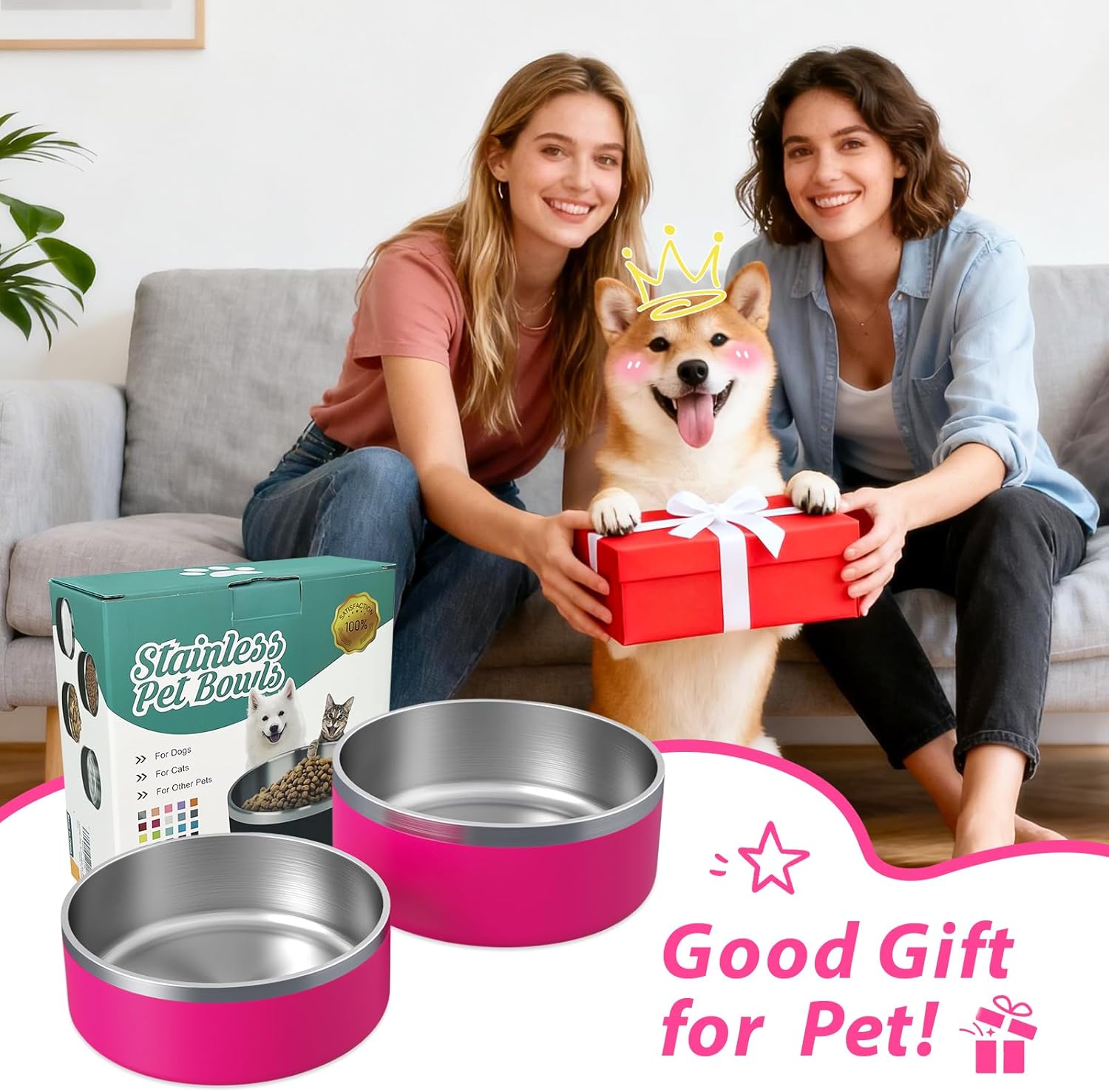 2 Pack Stainless Steel Dog Bowls, Outdoor Dog Water Bowl with Non Slip Rubber Bottom, Dishwasher Safe, Easy to Clean,40oz&64oz Pitaya