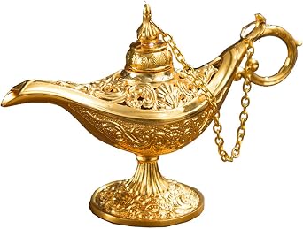 Aladdin Lamp Vintage Golden Arabian Magical Aladdin's Genie Lamp Carved Alloy Toys Wishing Light with Chained Lid for Table Decor, Cosplay, Roleplay Genie Light Decor