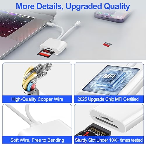 Vista 7 de Lector de tarjetas SD Denlane para iPhone iPad, lector de tarjetas de memoria con interfaz dual USB C y Lightning, adaptador de cámara digital