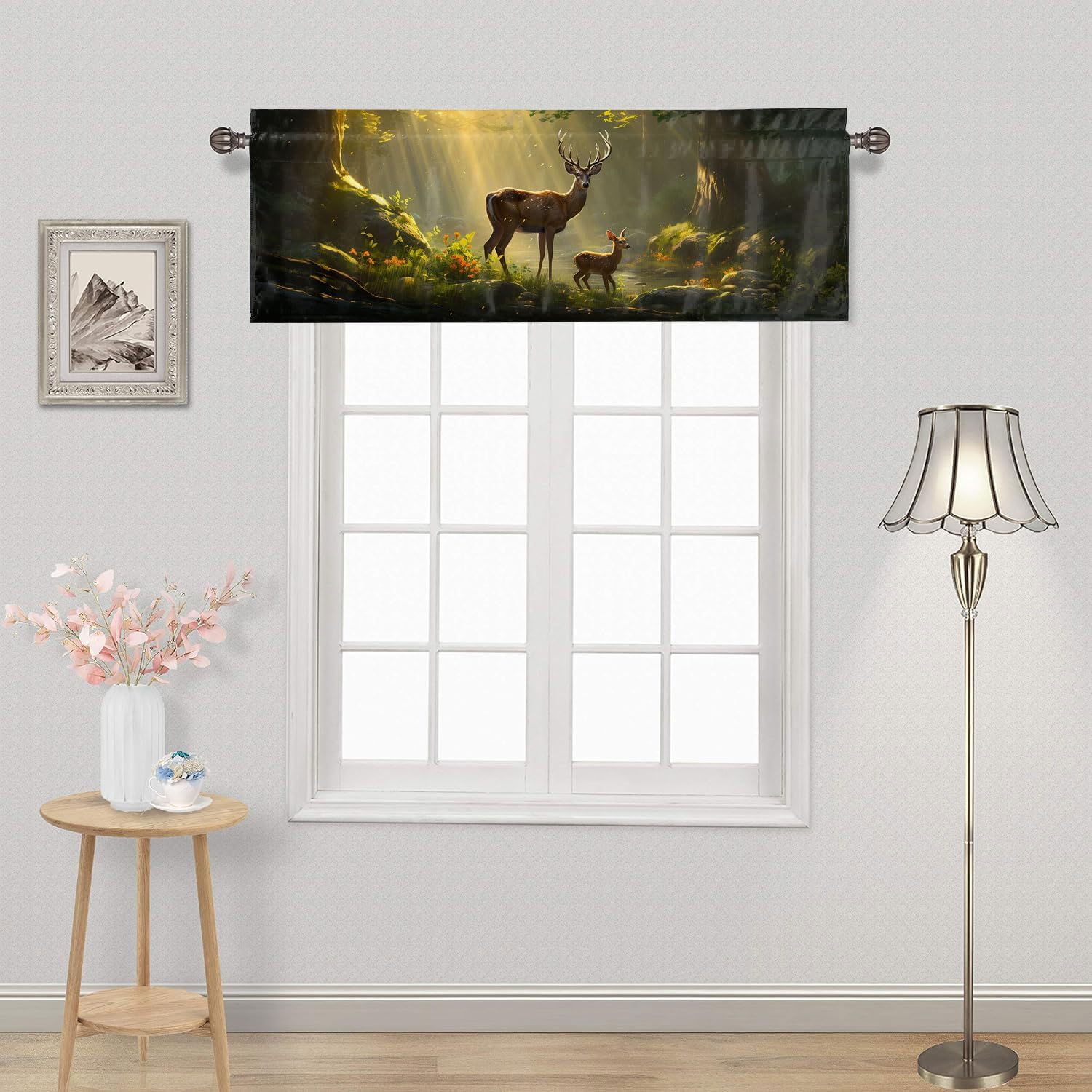 Forest Deer Rod Pocket Valances Curtains for Kitchen Foggy Woodland Tree Flowers Wild Animals Thermal Insulated Small Window Curtain for Kitchen Living Room Bedroom 54 x 18 Inch, 2 Panel