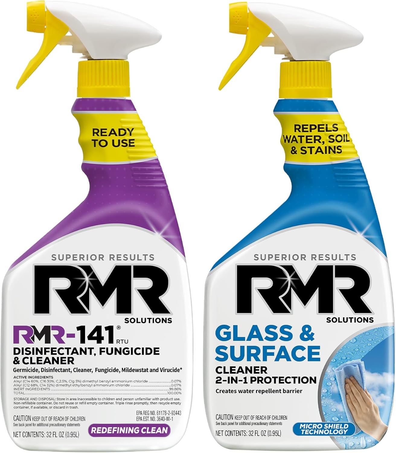 RMR Defend & Detail Duo – RMR-141 EPA Registered Mold & Mildew Spray + Glass & Surface Cleaner/Repellent, 2-Step Clean & Protect System for Glass, Tile, Bathrooms, Surfaces, 2–32 Oz Bottles