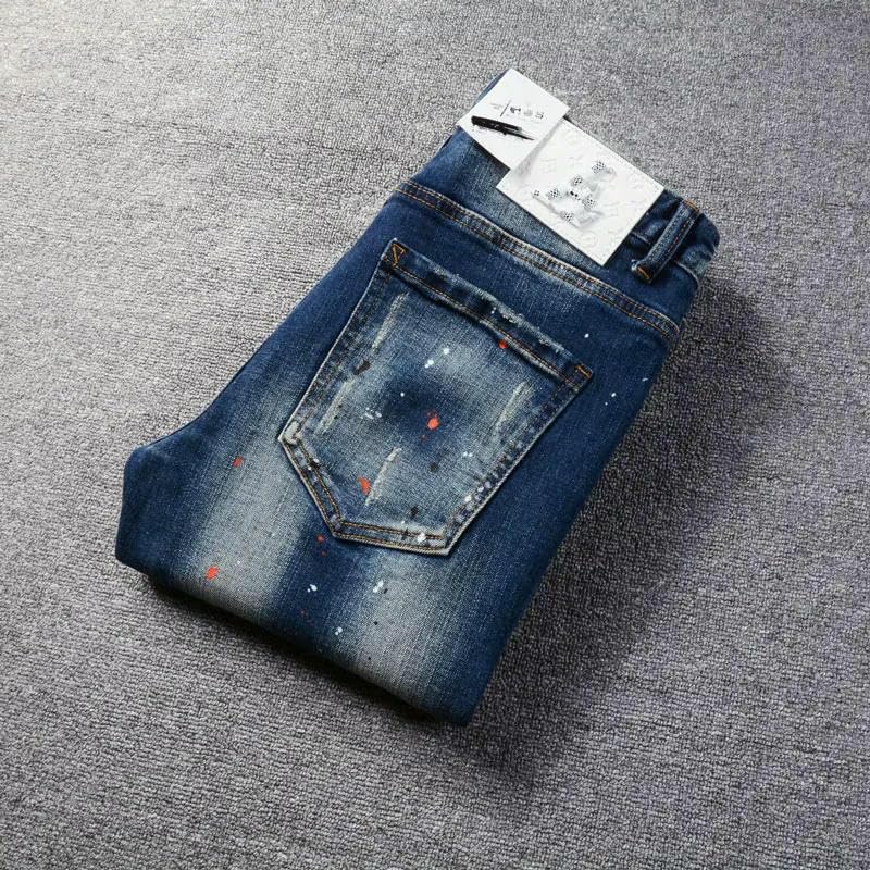 Mens Street Jeans Retro Blue Stretch Slim Fit Painted Ripped Jeans Men ​​Trousers Vintage Denim Pants3