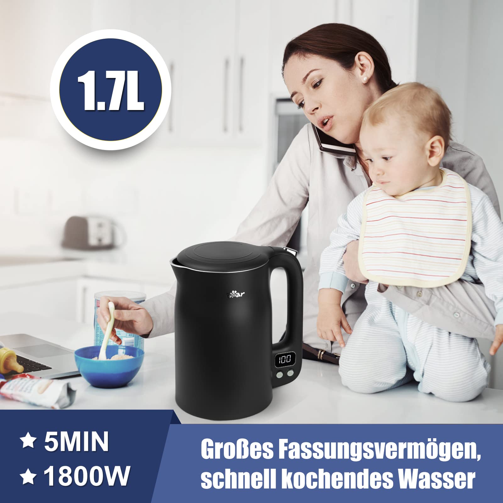 Bear 1.7L 304 Edelstahl Mit 11 Temperaturen Wasserkocher,1800w Trockenaufschutz, Doppelter Verbrühungsschutz, Bpa Frei, Lcd Anzeige Precision Control, Temperatureinstellung (40°C-100°C)
