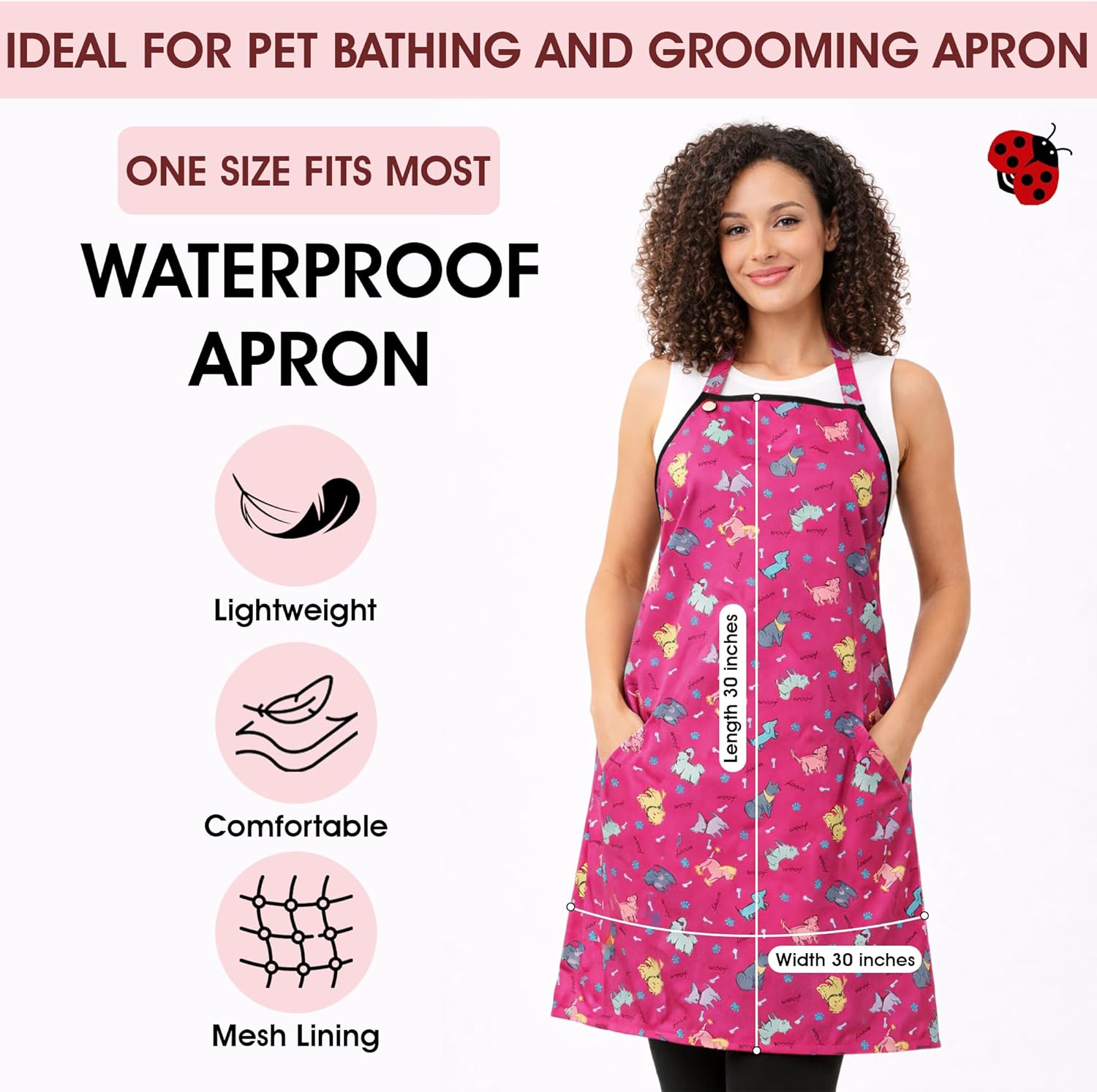 Ladybird Line 609 Pink Dog Waterproof Grooming Apron, Hair Bleach Resistant, Adjustable Neck Band, Breathable Mesh Lining