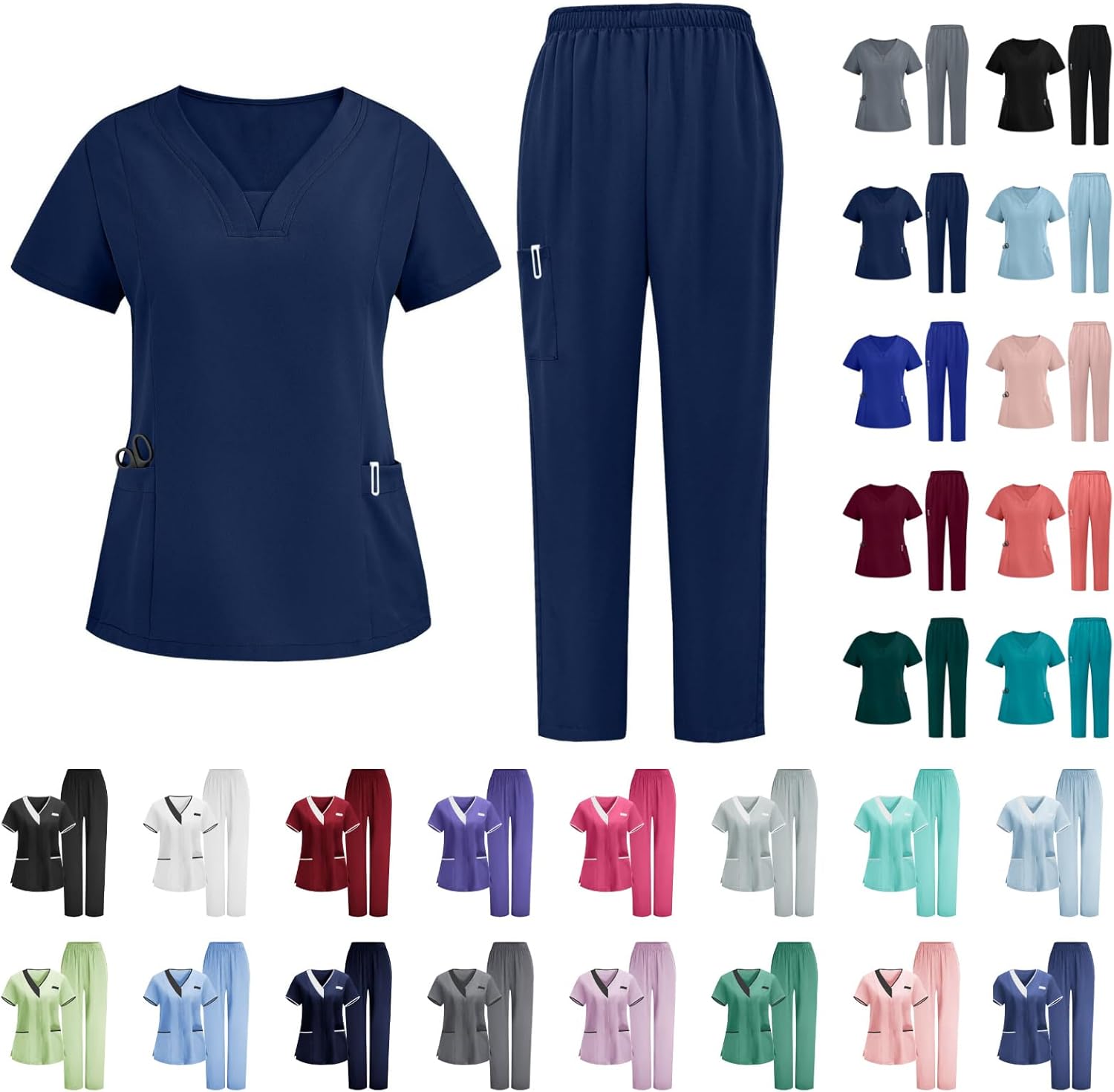 YRAETENM Scrubs for Women Set Cool Stretch V-Neck Scrub Tops and Straight Leg Pants Nurse Uniform Workwear Medical Scrub Sets