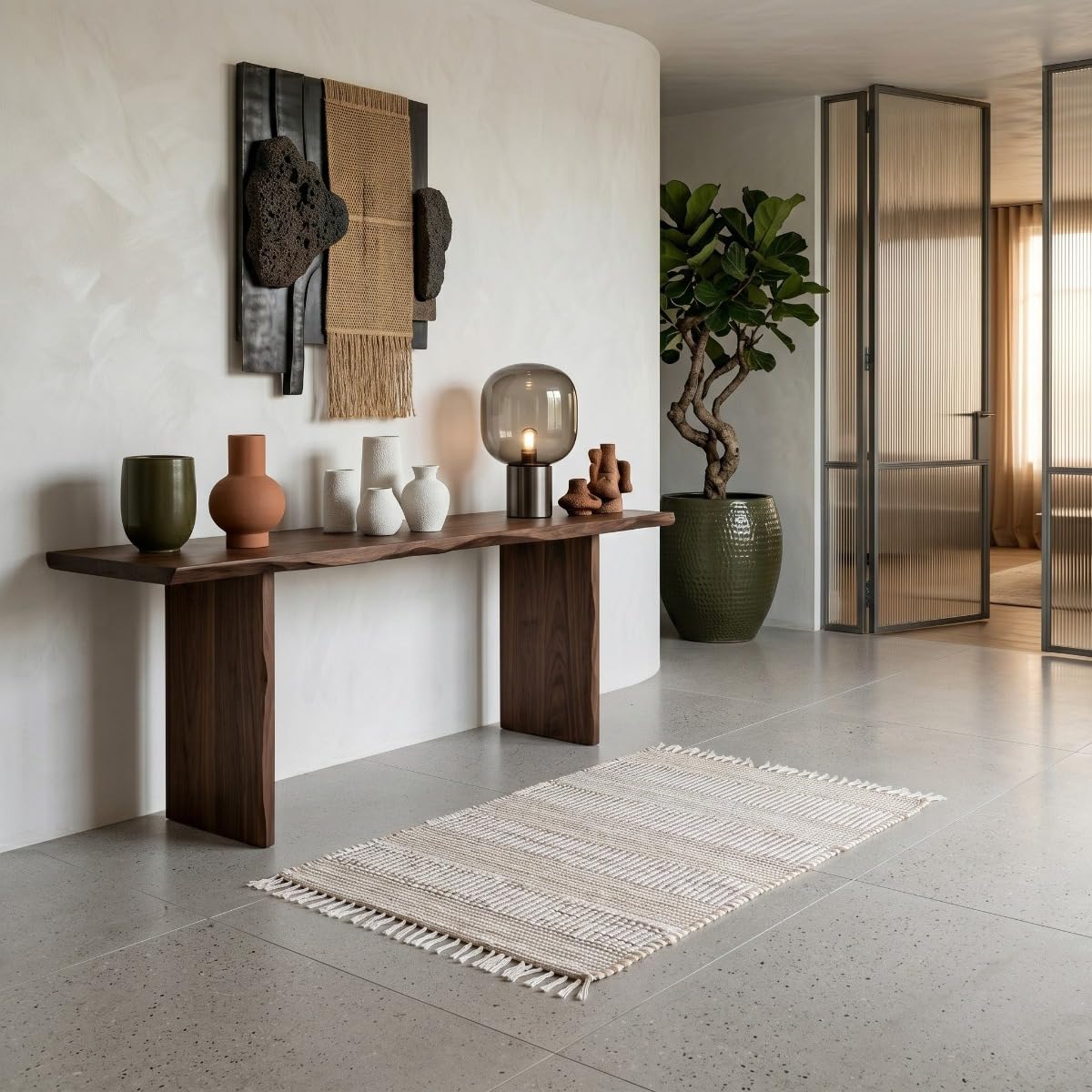Tapis à franges en coton et jute blanc motif rayé naturel 160x230