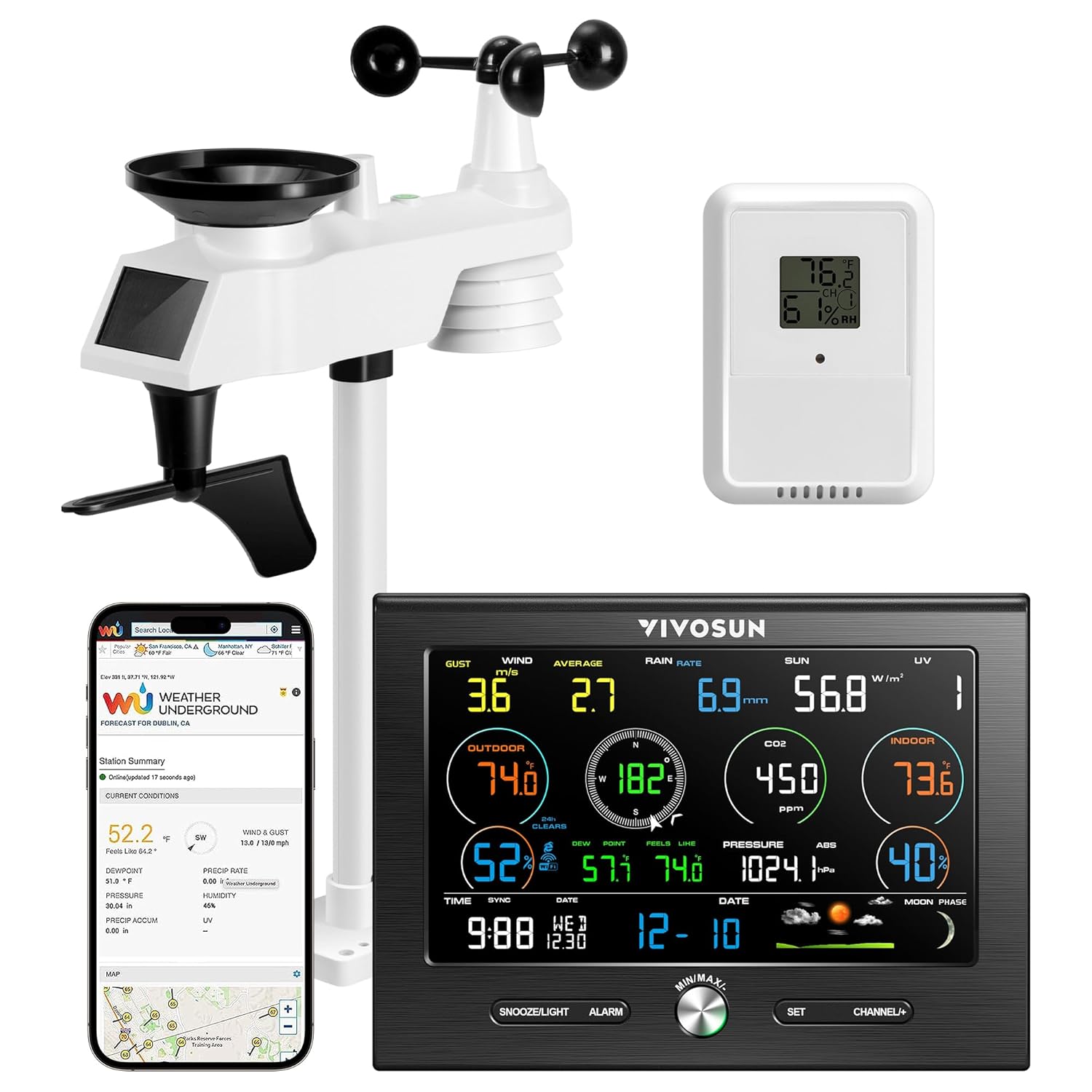 VIVOSUN 18-in-1 Wi-Fi Weather Station with Outdoor Sensor, CO2 Monitor, Color Display Console, Indoor/Outdoor Weather Thermometer, Weather Forecast, Alarm Function, Wind Speed/Direction, Rain Gauge
