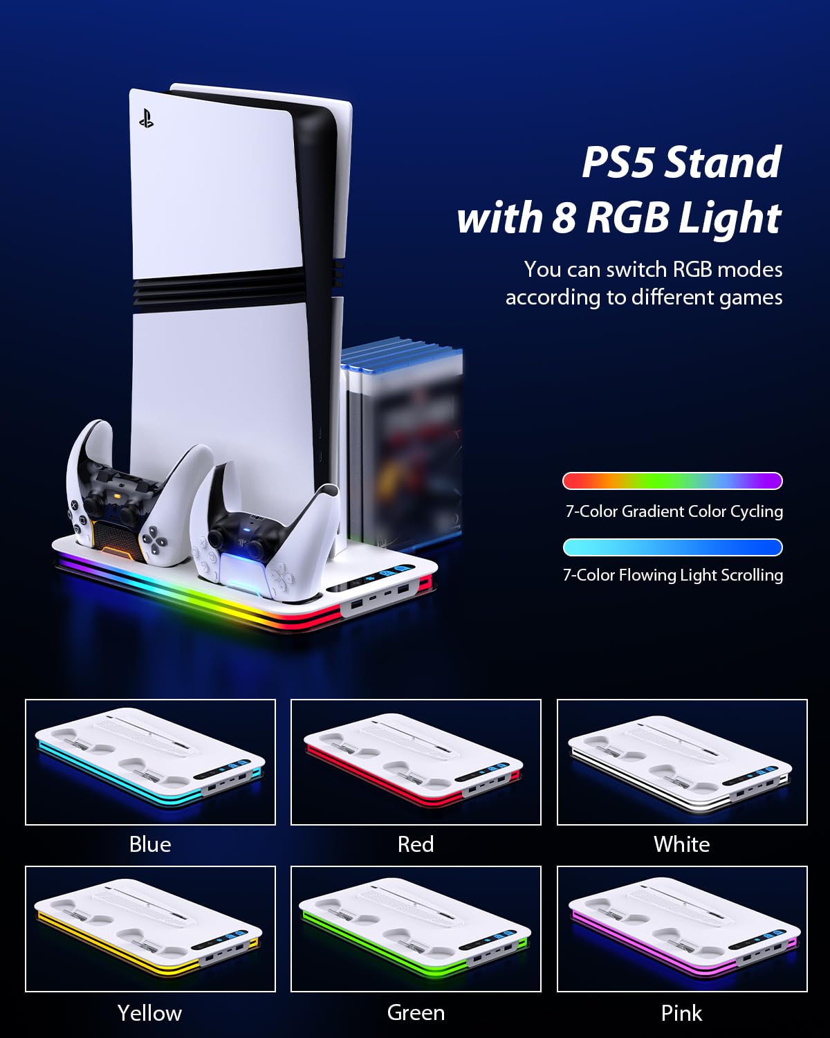 Soporte para PS5/PS5 Slim/PS5 Pro con Ventilador de 3 Velocidades, PS5 Soporte Vertical con 8 Luces RGB y Estación de Carga de Dual Dontrolador 4 Puertos Ranuras de 6 Juegos, Accesorios para P5