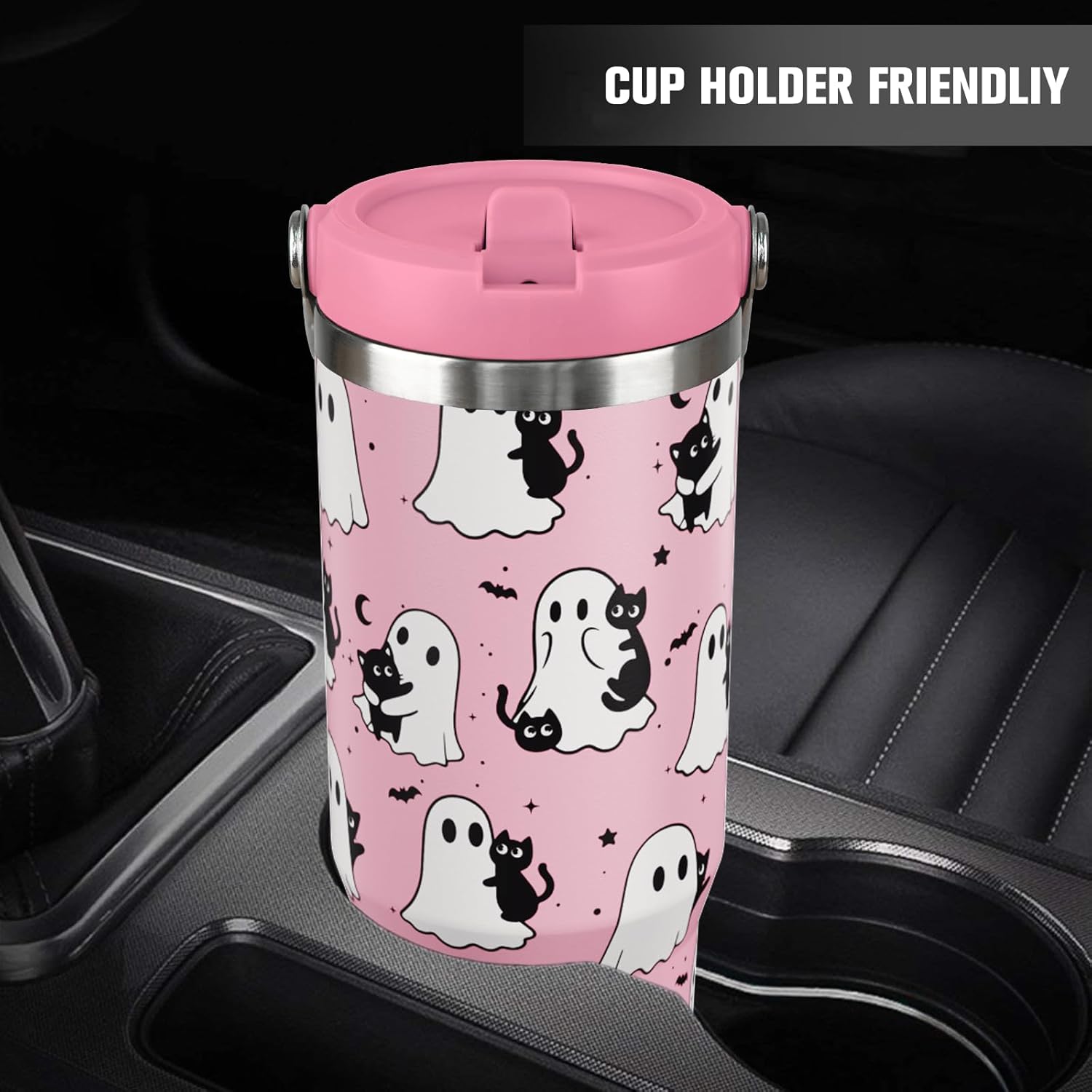 30 oz Halloween Tumbler with Lid and Straw, Pink Ghost Goth Tumbler Insulated Coffee Travel Mugs Cup Water Bottle Cute Halloween Gifts for Women Girls - Image 8