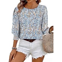 Halife Womens Blouses 3/4 Sleeve Dressy Casual Crew Neck Smocked Cuff Tops | 3/4 Length Sleeve Womens Tops,Womens Blouses Dressy Casual,Printed Polka Dot Top,Lightweight,Round Neck,Office,Boho