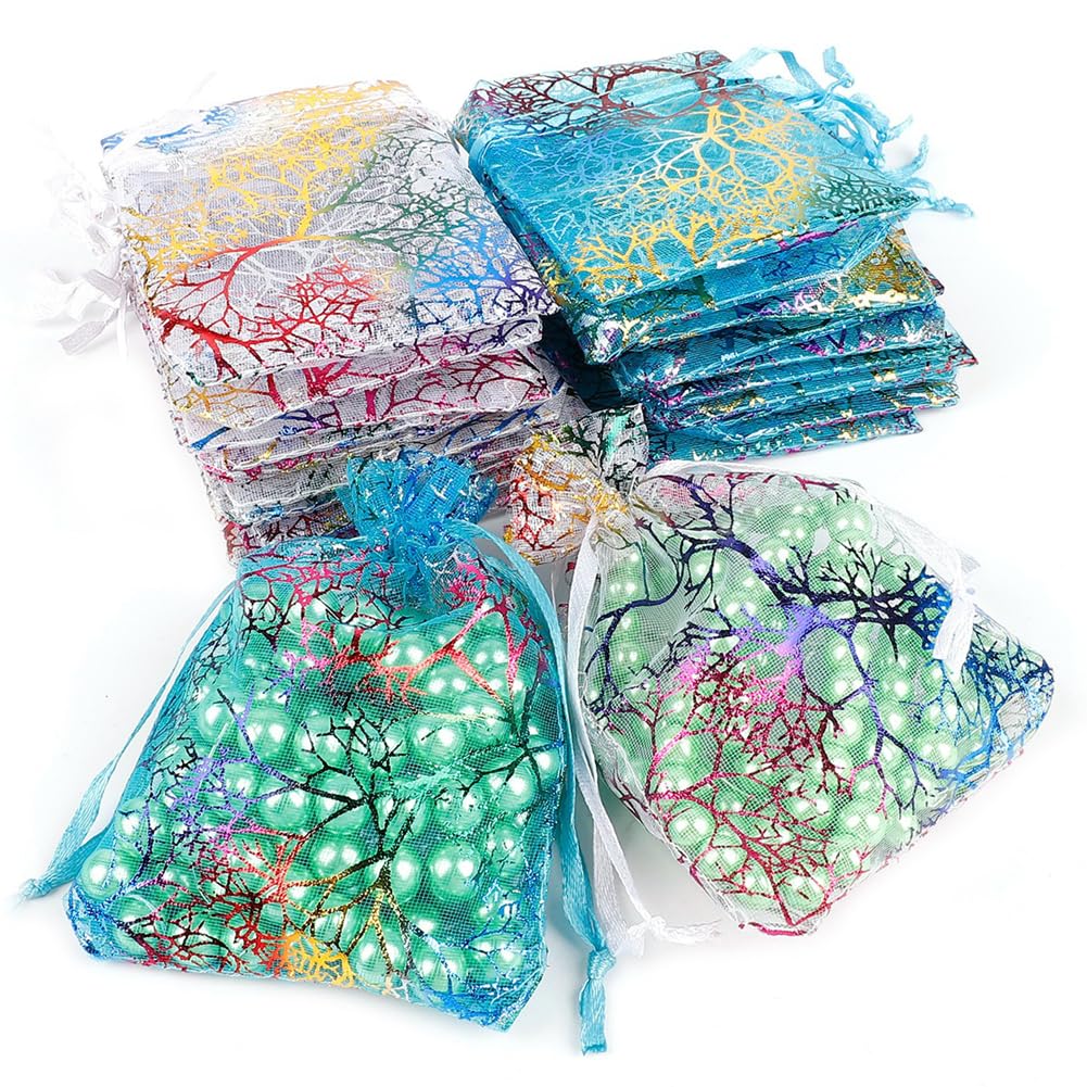 Lot de 100 sacs cadeaux en organza avec cordon de serrage - 20 x 30 cm - Motif corail - Pour Noël, Halloween, fête prénatale - Blanc