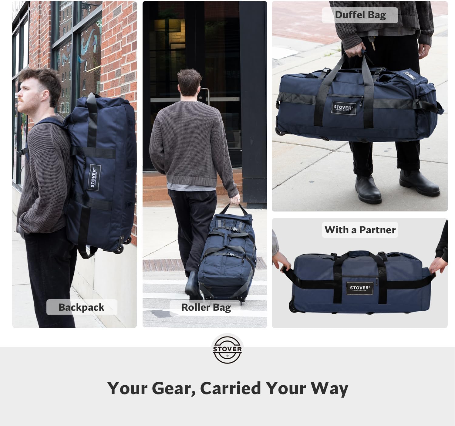 STOVER 45/80/100L Rolling Duffel Bag with Wheels, Large Durable Travel Duffle + Toiletry Bag, Heavy Duty, Packable, Foldable with Shoulder Straps- Use as Luggage or Backpack, Men/Women (Navy Blue)