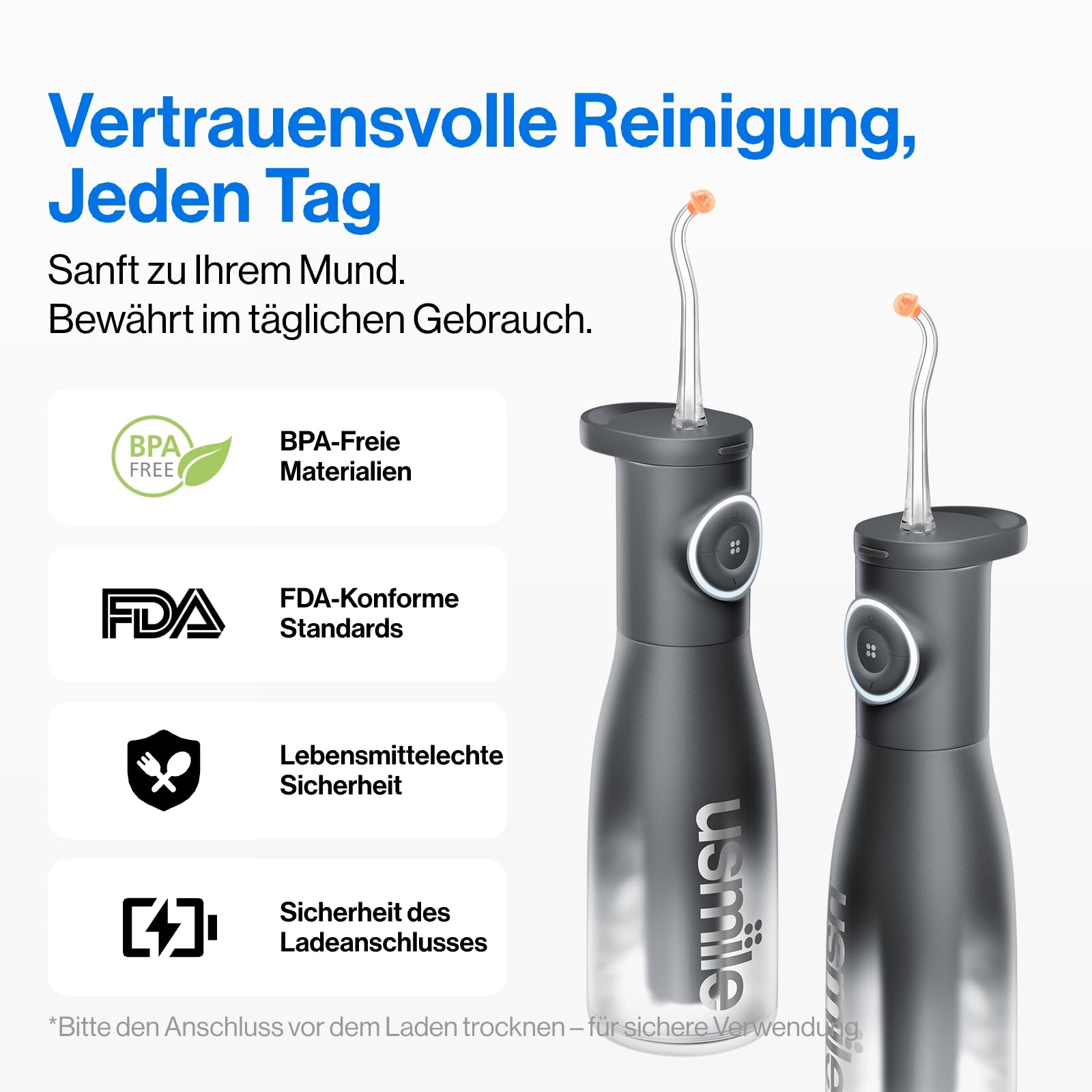 usmile C30 Tragbare Munddusche Kabellos, 300 ml Wassertank, 5 Druckstufen, S-Düsen für Zahnspangen & Invisalign, USB-C wiederaufladbar, IPX7 wasserdicht, Schwarz