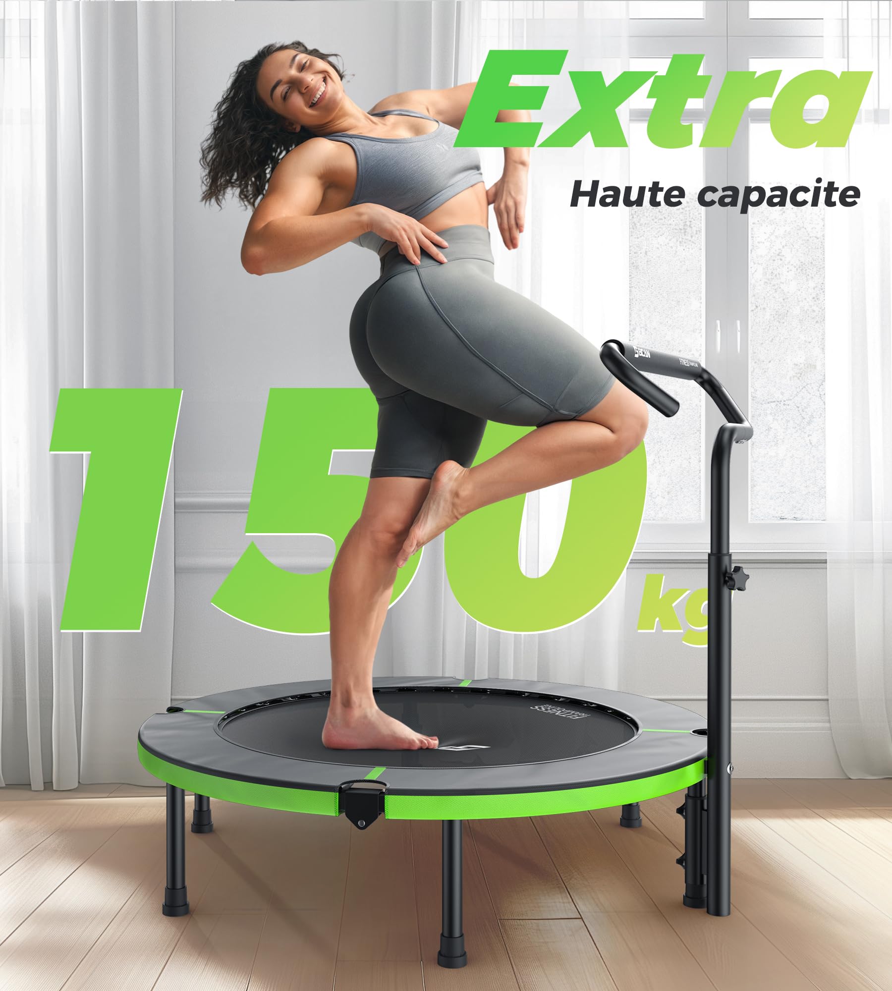Trampoline d'intérieur BCAN, Mini-Trampoline de Fitness Pliable de 102 cm, pour Adultes, avec poignée réglable, Charge maximale de 150 kg, idéal pour l'entraînement à Domicile et Les.