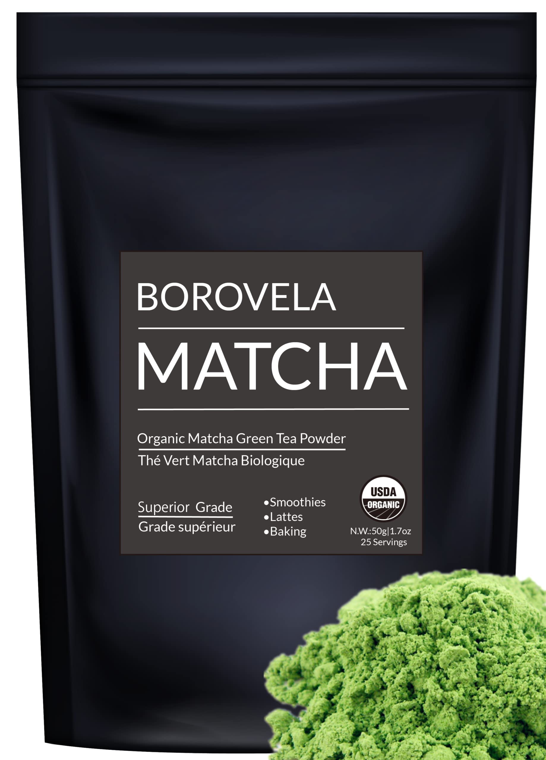 Organic Matcha Green Tea Powder - Superior Grade USDA Certified - Green Superfood For Smoothies Lattes and Baking - Borovela 50g 1.7oz