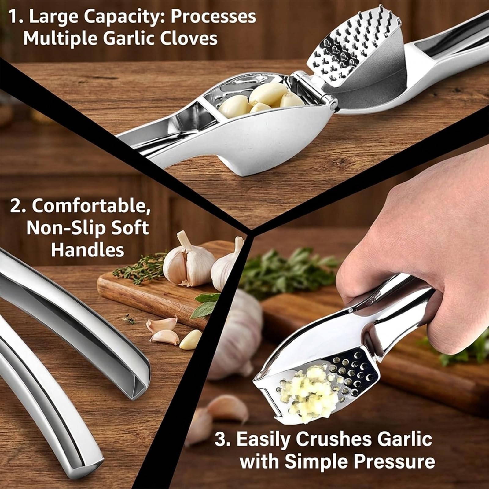 Prensa de ajos premium de acero inoxidable – Triturado de ajo y jengibre sin esfuerzo – Ergonómica, duradera, apta para lavavajillas, ideal para cocinas domésticas