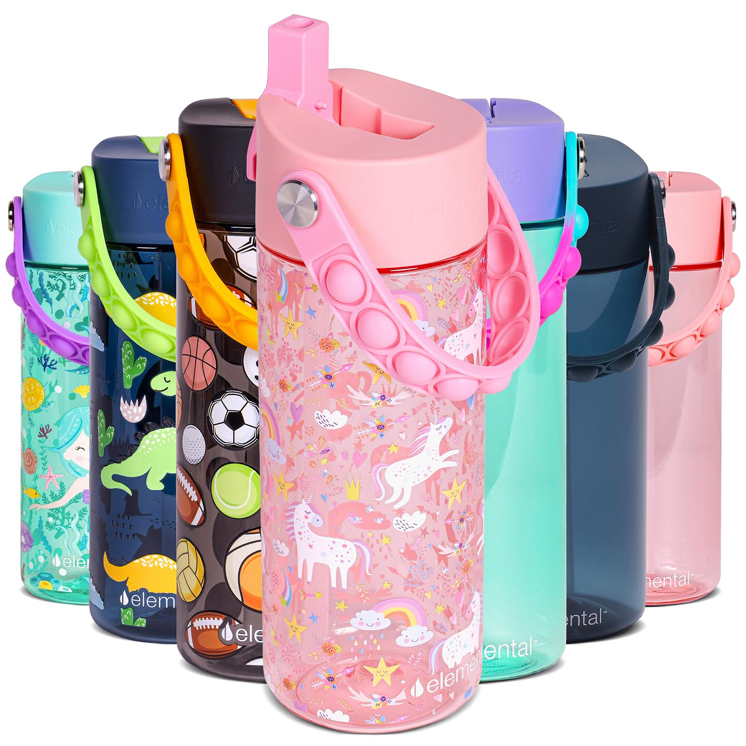 Elemental Water Bottles for Kids - Splash Kids Water Bottle for School with Pop-it Handle - BPA Free Tritan Plastic Water Bottle with Straw Leak Proof when Spout is Closed - Pink Unicorn - 18oz