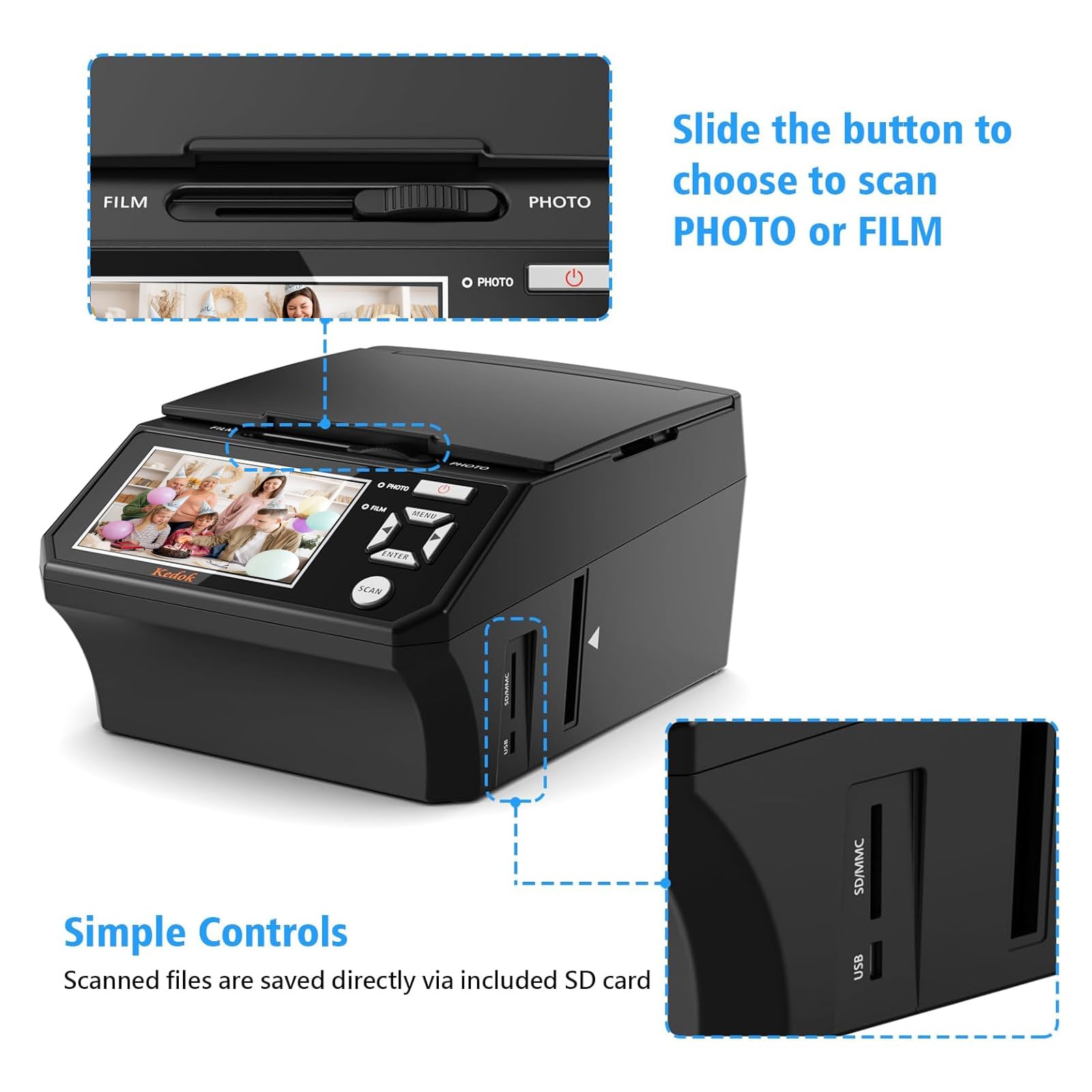 Digitaler Film- und Diascanner 5-Zoll-LCD 35mm 110mm 22MP JPEG 8GB SD-Karte