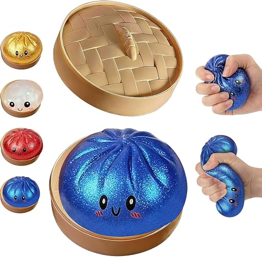 Glitter Dumpling Squishy Box, Dumpling Squishies, Sensory Squeeze Toy for Stress Relief, Soft Decompression Dough for Adults Office and Home Use (Blue Emoji bun)