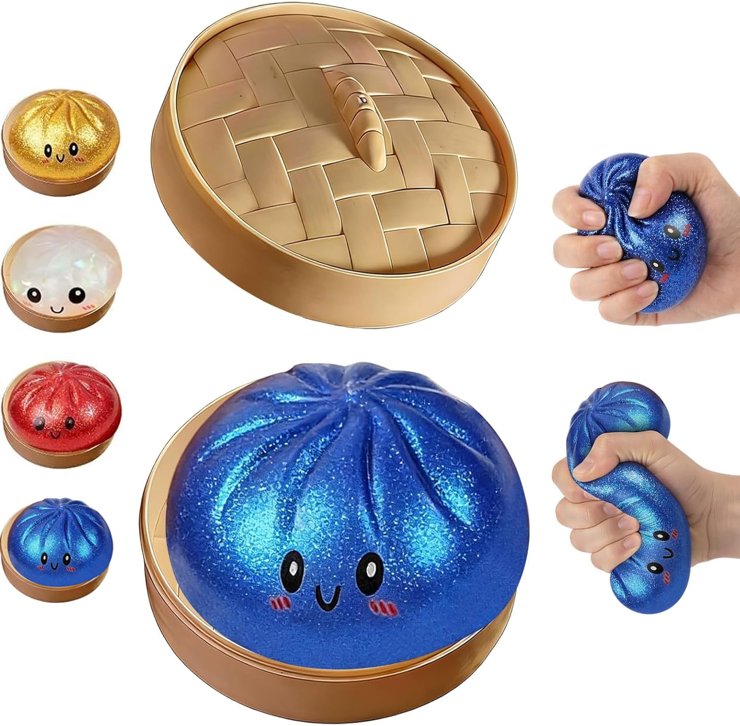 Glitter Dumpling Squishy Box, Dumpling Squishies, Sensory Squeeze Toy for Stress Relief, Soft Decompression Dough for Adults Office and Home Use (Ribbon Emoji bun) — view 10