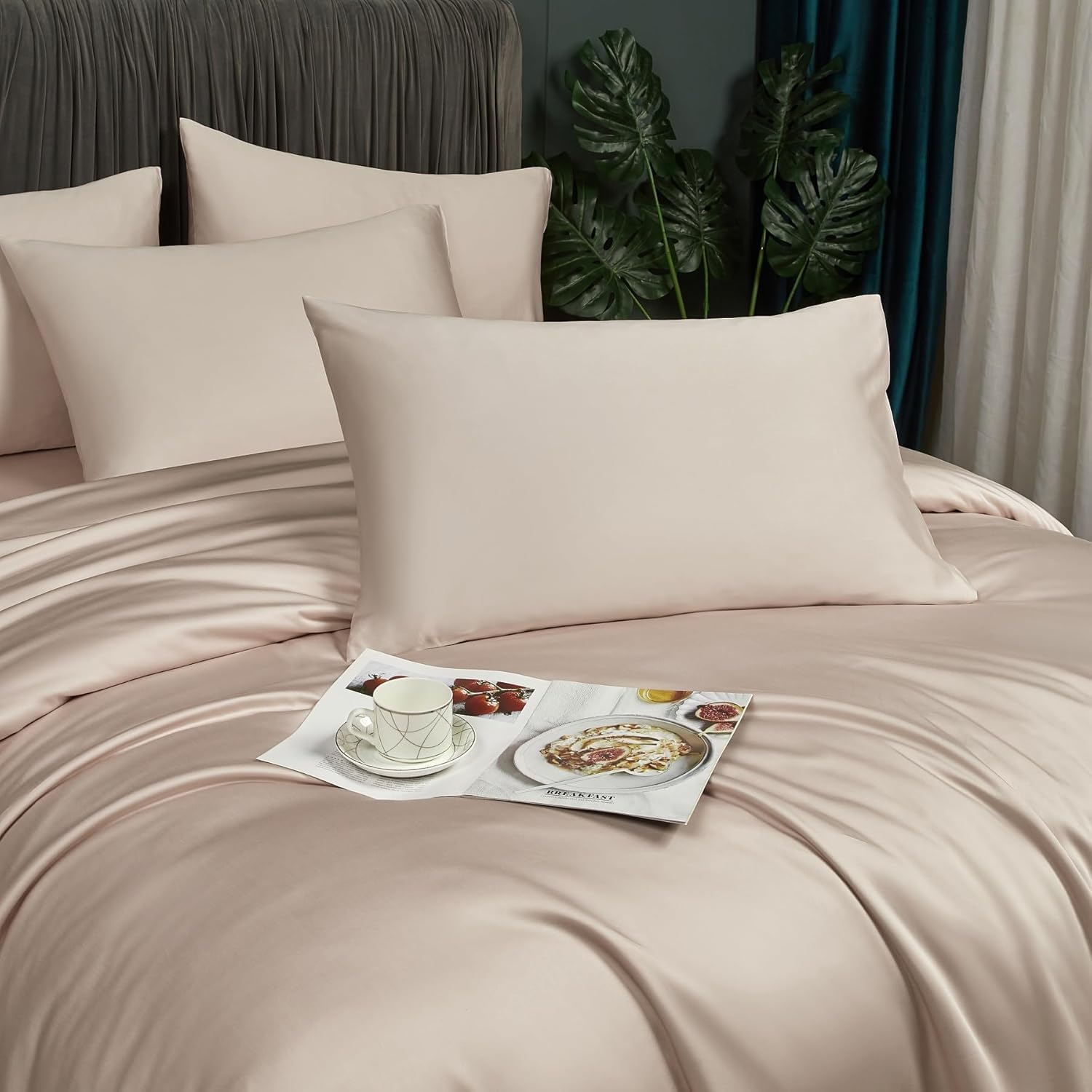 Luofanfei Housse de Couette 220x240 Beige Lyocell Bambou Parure de lit Unie 2 Personnes Soie Lisse Soyeux Brillant Adulte Uni Ensemble Literie avec Fermeture éclair et 65x65cm Taies d'oreiller