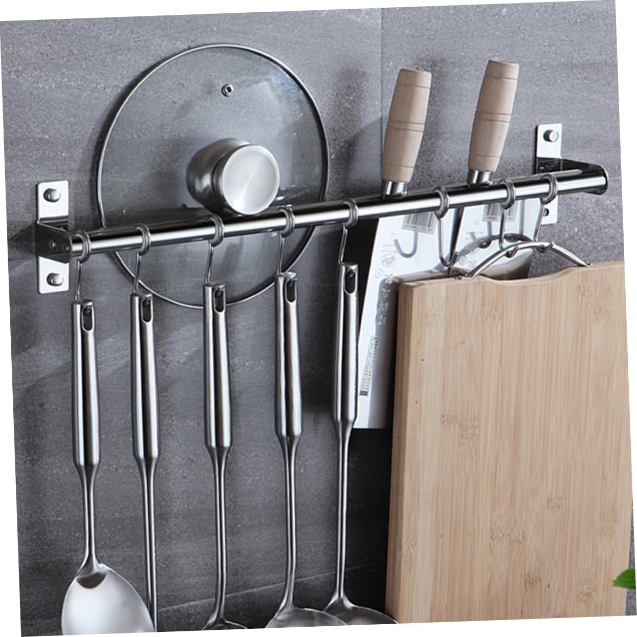 Stainless Steel No-Punch Kitchen Hanging Rack Multifunctional Wall Hanger for Organizing Cookware Towels Bags Home Kitchen Bathroom Silver