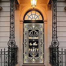 WADORN Décorations pour fête thème années folles, 90 x 180 cm Bienvenue à fête Bannière pour Porche Toiles Fond Noir et Or Gatsby Fond pour Photographie Accessoires pour Anniversaire Jazz Fournitures