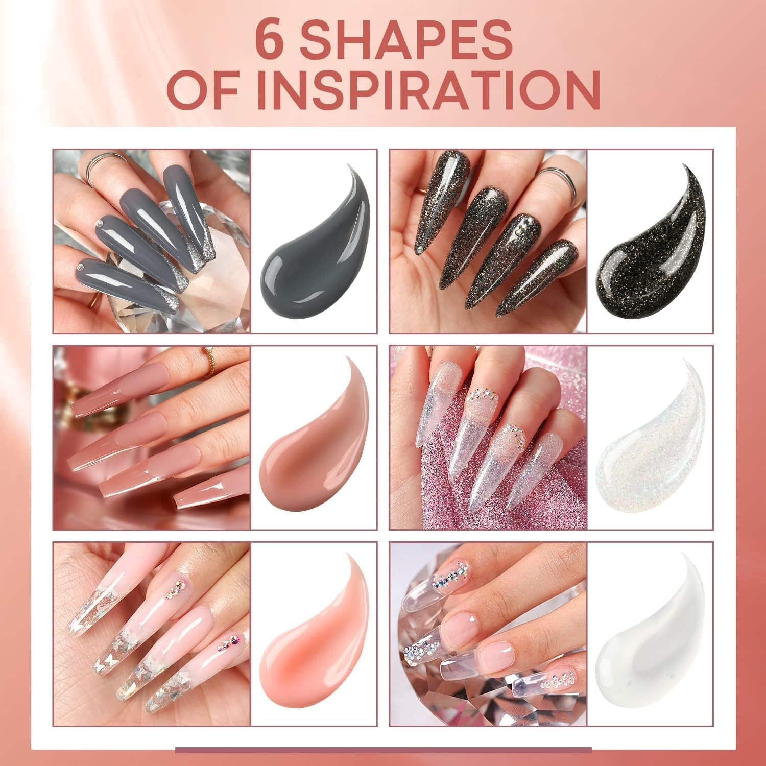 Modelones Polygel Starter Set, 6 Colores Glitter Negra Claro Nude Polygel Set con Base Top Coat Slip Solution Poly Nails Quick Extension Builder Gel Manicura Set para uñas de gel DIY