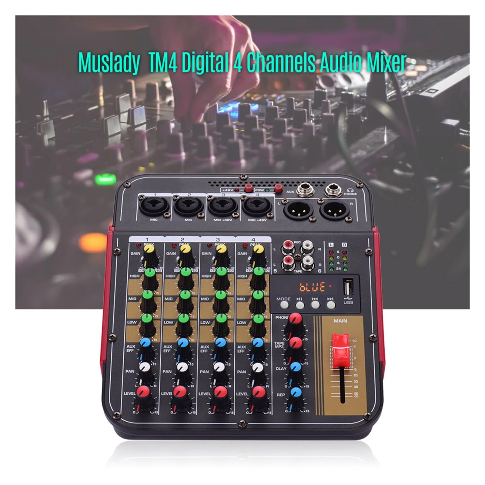 Mixer per DJ, TM4 Mixer Digitale a 4 canali, Console di missaggio, Alimentazione Phantom 48V Integrata con Funzione BT, Professionale