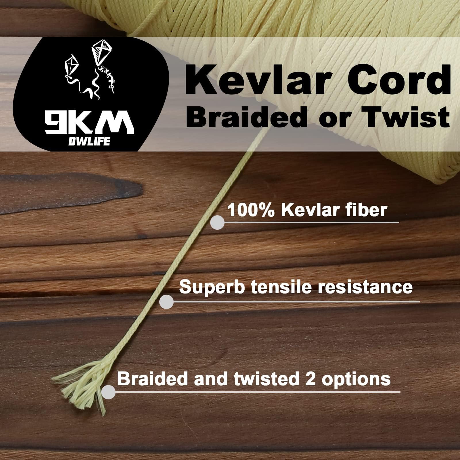 DWLIFE - Corda in Kevlar per aquiloni, ad Alta Resistenza, Non Elastica, Corda in Kevlar per Pesca, Campeggio, Escursionismo, Sopravvivenza all'aperto (0,35 mm-1,5 mm di Diametro), 40Lbs 1000Ft-Braid